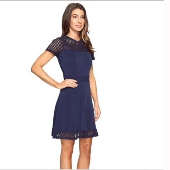 MICHAEL Michael Kors Lace Mesh Fit & Flare Dress Navy Short Sleeves Mini Dress S - Picture 2 of 16